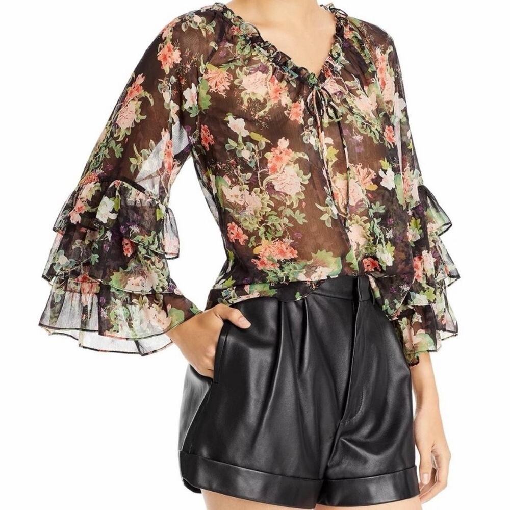 Alice + Olivia Kallie Chiffon Ruffle Sleeve Sheer Floral Cropped Blouse Size XS